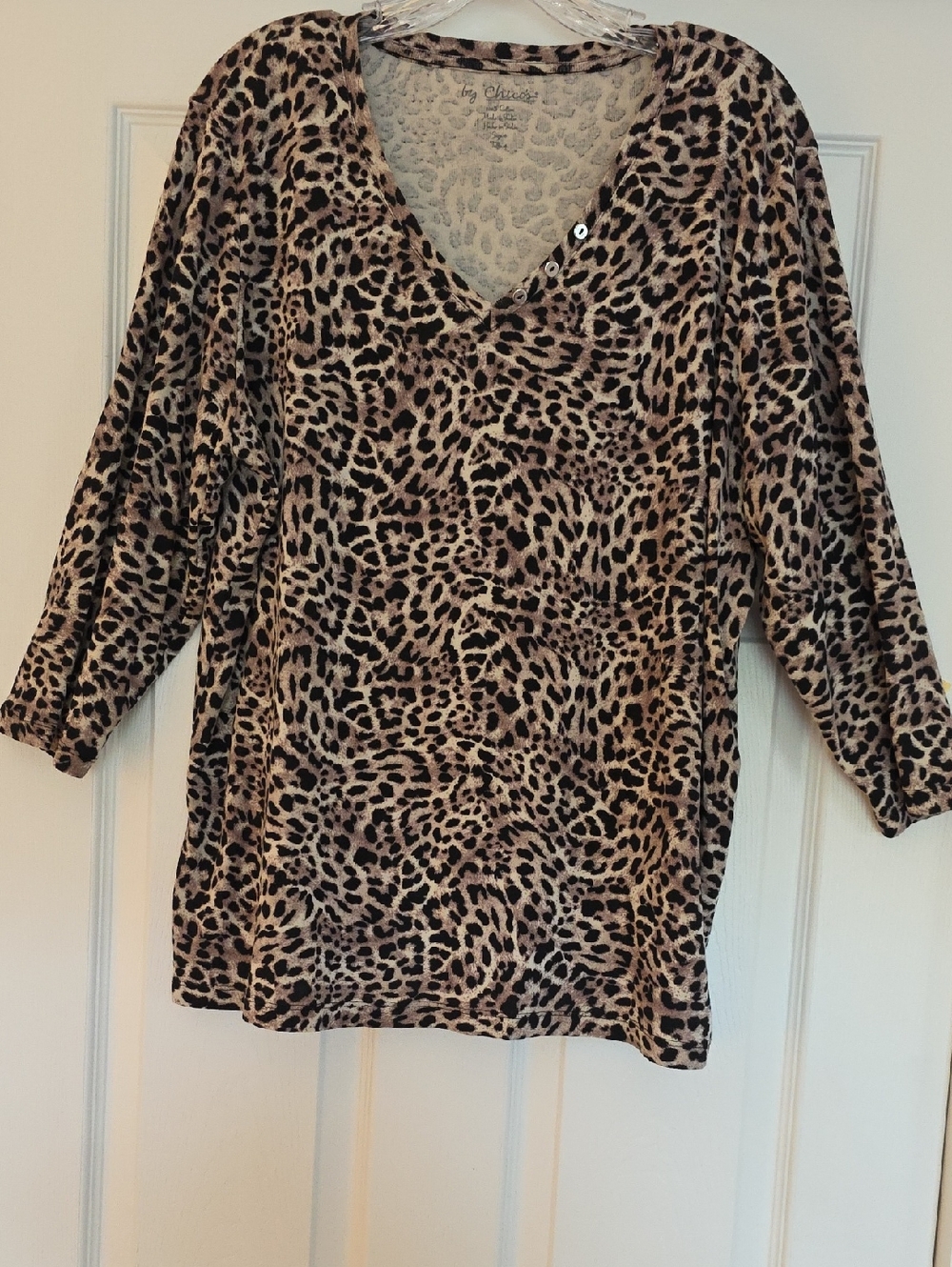 Chico's Leopard Print V-Neck Long Sleeve Top - Beige & Black